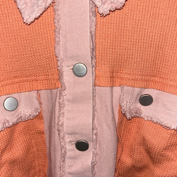 Waffle knit Chic Women's Oversized Orange and Pink Utility Jacket w/pockets - Picture 7 of 13